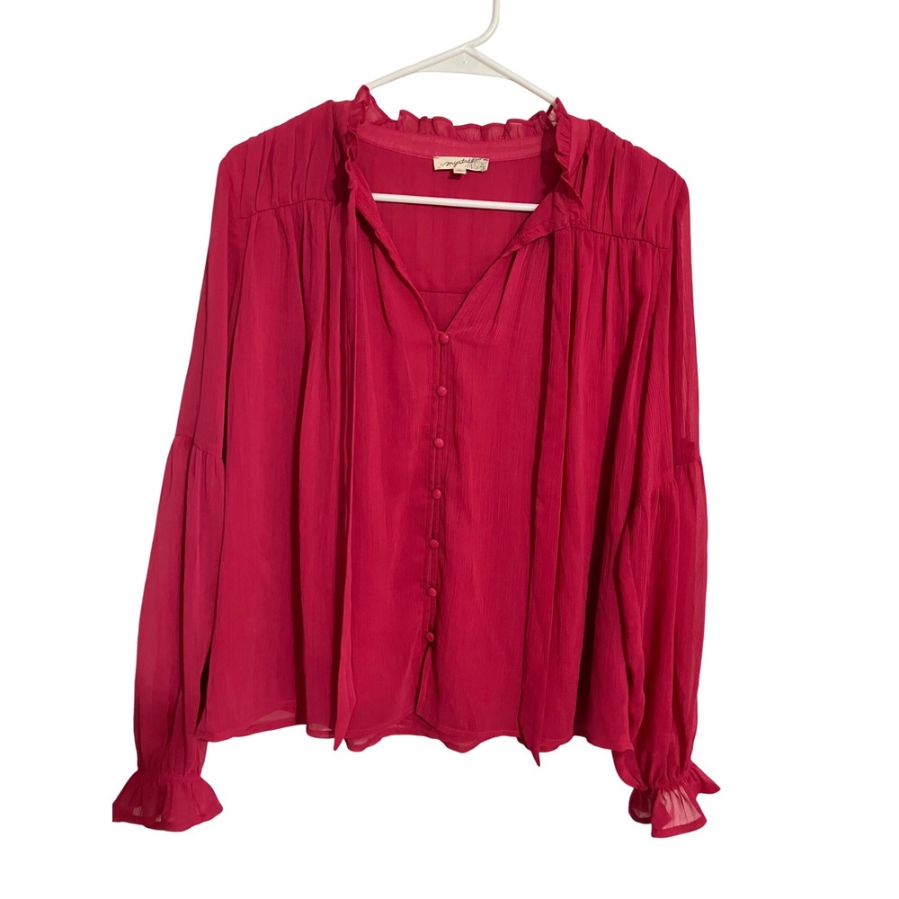 Mystree Pink Ruffle V Neck Long Sleeve Boho Tie-Neck Blouse Top Women's Size S